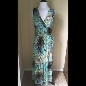 🌴👗Kasper Peacock Feather Print Maxi 👗🌴